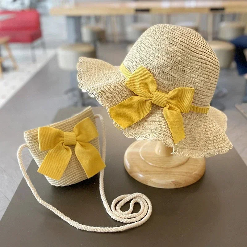 Kids Hat for Girls 2-7Y Straw Children's Sunshade Cap Bag Summer Baby Travel Sunscreen Beach Hat Sun Fisherman Cap Fashion Style