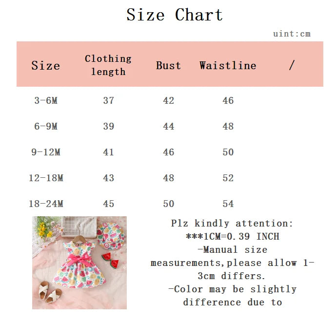 Baby girl Summer Dress Colorful Fruit Pattern Casual Dress+Hat 2Pcs/set suitable for Cute Female Babies aged 0-24 Months