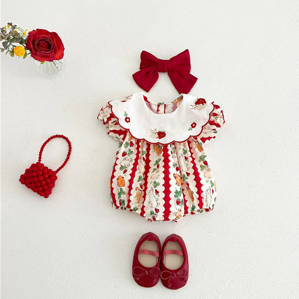 insBaby Girl Rabbit Cartoon Print Embroidered Collar Romper Infant Toddler Sweet Summer Short Sleeve Jumpsuit