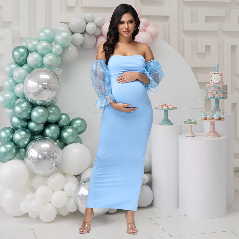 Maternity Summer Lantern Sleeves Photography Dress Off Shoulder Slim Fit Elegant Gown for Baby Shower Photoshoot