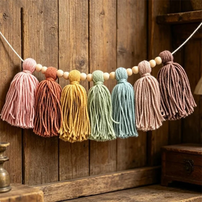 Bohemian Colorful Tassels and Wooden Beads Handmade Party Decorations Fireplace Mantel Room Decor Tassel Hangings Suitable for Holiday Decorations Tassel Strings Home Decor Hanging Tassel Strings.
