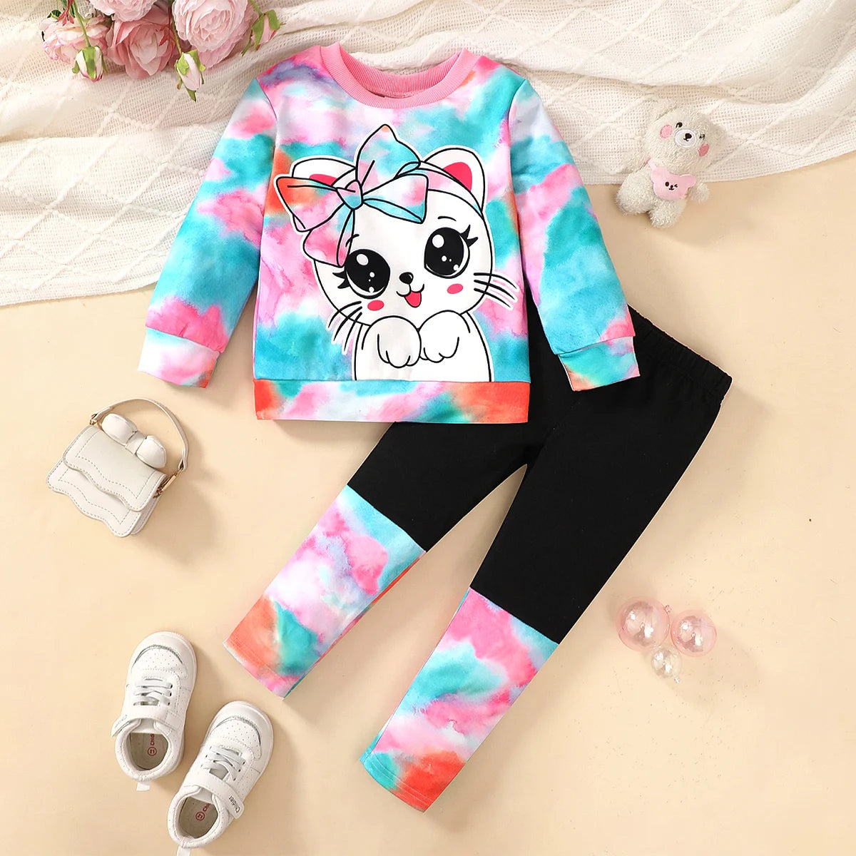4-7 Year Girls' Set Round Neck Cartoon Cute Kitten tie-dye Long Sleeve+Long Pants 2Pcs/Set Girls' Spring and Autumn Fashion Set