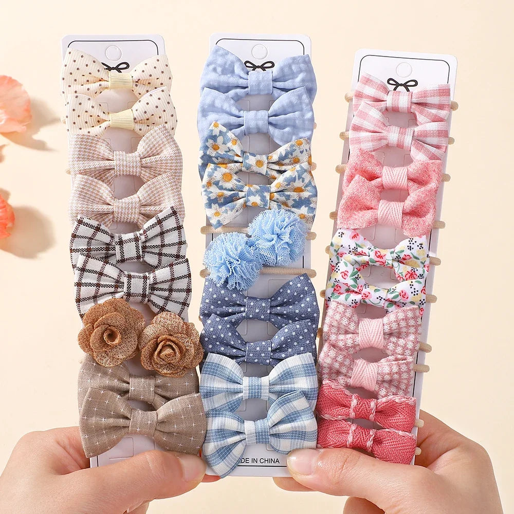 10Pcs Girls Fresh Bowknot Head Rope Sweet Printing Double Ponytail Hair Ties Bands Head Scrunchies Without Cardboard