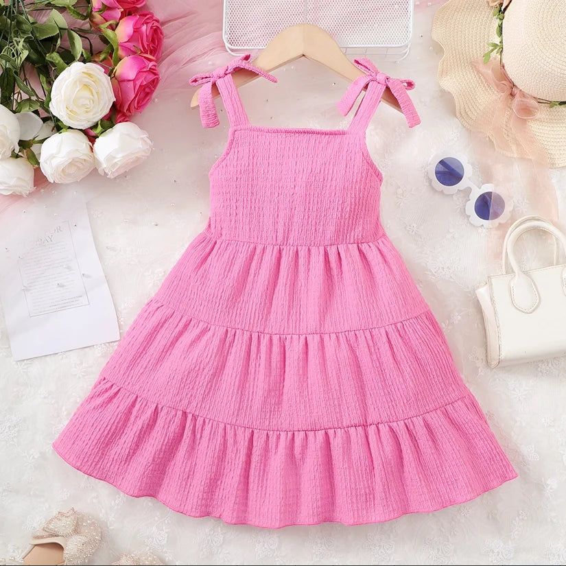 Children Girl Summer Dress Rose Red Bow Suspender Ruffle Comfortable and Soft Dress fit 4-7 Years  Cute Girls agedSeaside Beach