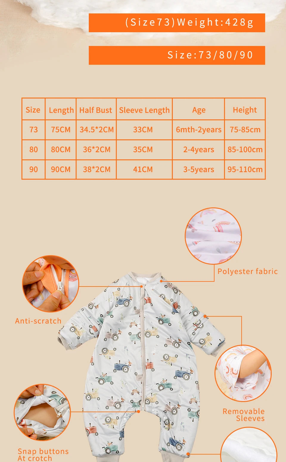 Elinfant Long Sleeve Split Legs Sleeping Bag, 3 Size For Boys and Girls Removable Sleeves Sleeping Sack For Winter