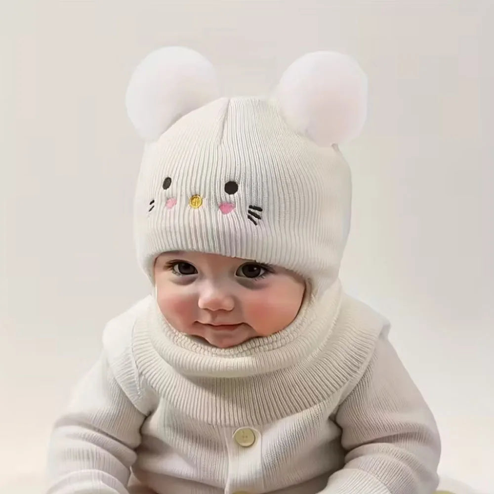 0-3Y Kids Balaclava Toddler Beanie Double Balls Baby Cat Stretchy New Born Girls Boys Beanies Winter Hats for Cold Weather Gear