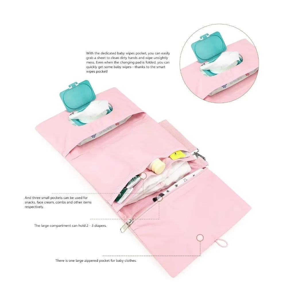 Cute Baby Hanging Diaper Bag Multi-Compartment Cotton Foldable Storage Pouch with Wipe Holder Detachable Strap