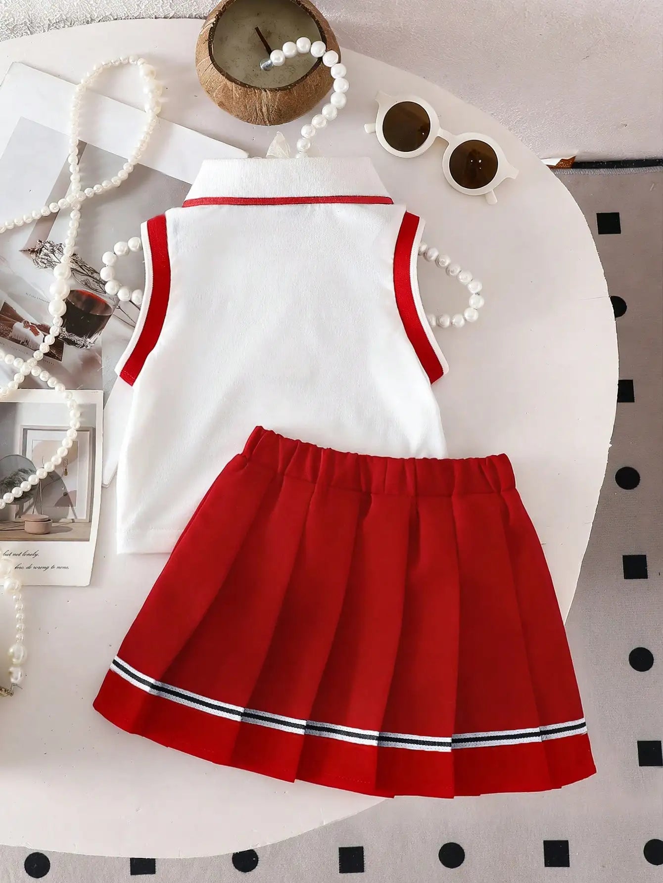 Two piece set of baby girl heart embroidered POLO collar sleeveless top and woven casual pleated short skirt with sweet and cool