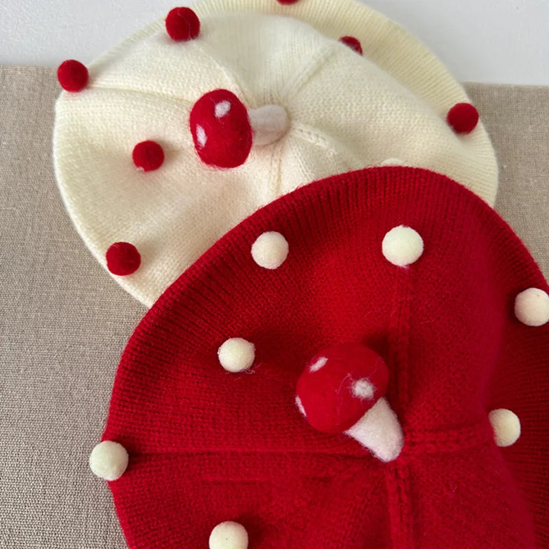 Cute Mushroom Beret Baby Woolen Knitted Hat Children Winter Warm Pullover Hats 6-30M Boy Girl Kids Elastic Beanie Toddler Bonnet