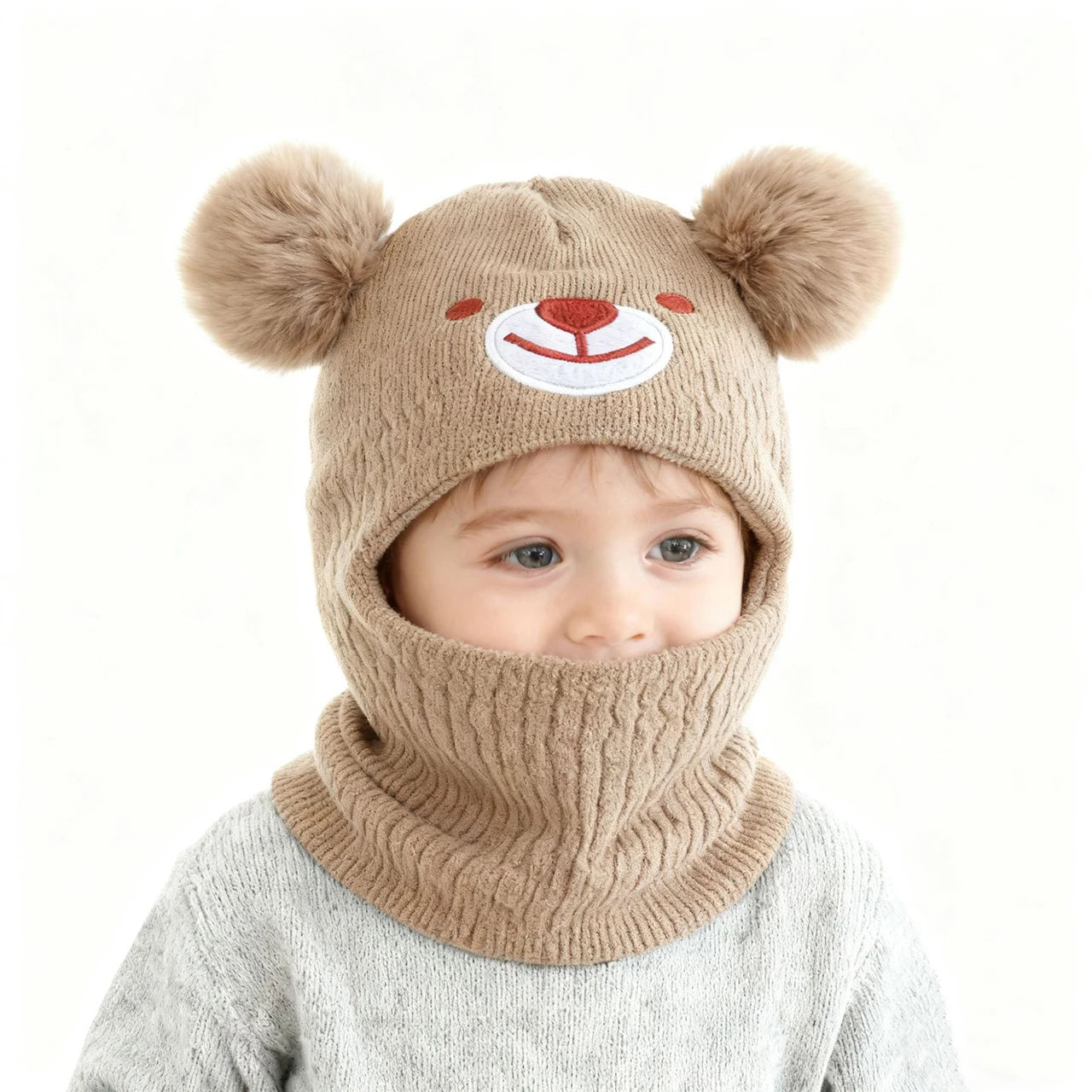 Children Pom-Pom Balaclava Cute Bear Scarf One-Piece Hat Winter Warm Kids Hooded Beanies 1-2Year Baby Knitted Ear Protection Cap