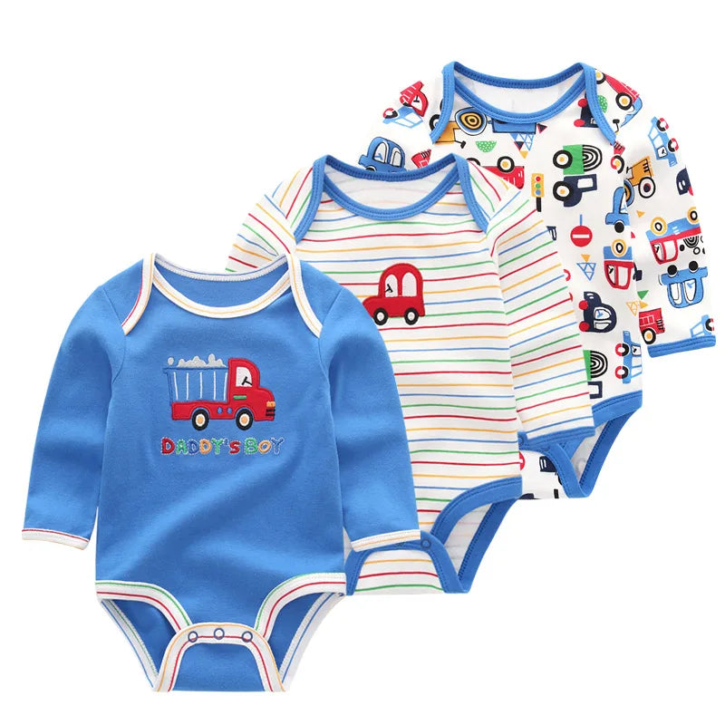 Kiddiezoom 3 Pcs/Lot Spring Autumn Cartoon Long Sleeve Newborn Baby Boy Girl Bodysuits 100%Cotton Soft Infants Clothes
