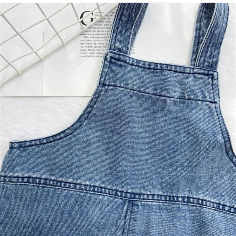 Kids Backpack Pants Summer Children's Solid Color Denim Jumpsuit Spring Autumn New Boys Girls Simple Fashion Trousers 2-8 Years