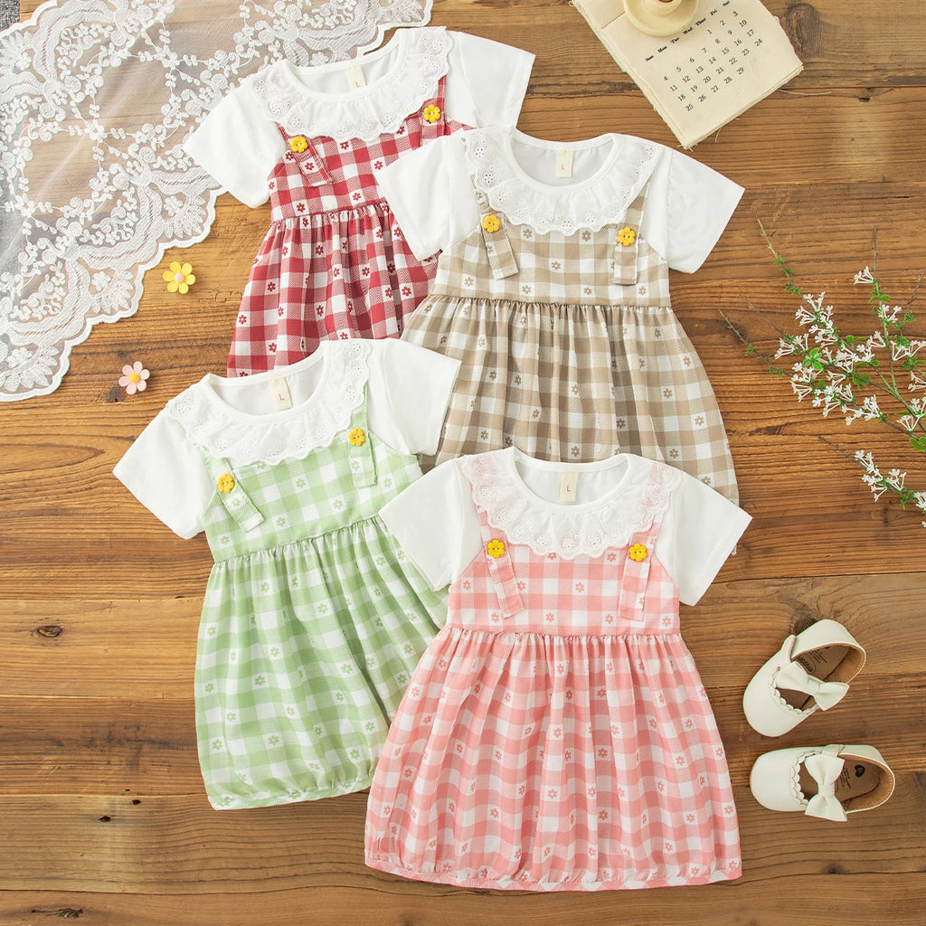 Summer New Sweet Fake Two Piece Baby Girl Dress, Cute Checkered Small Floral Children'S Clothing (3-18 Months)