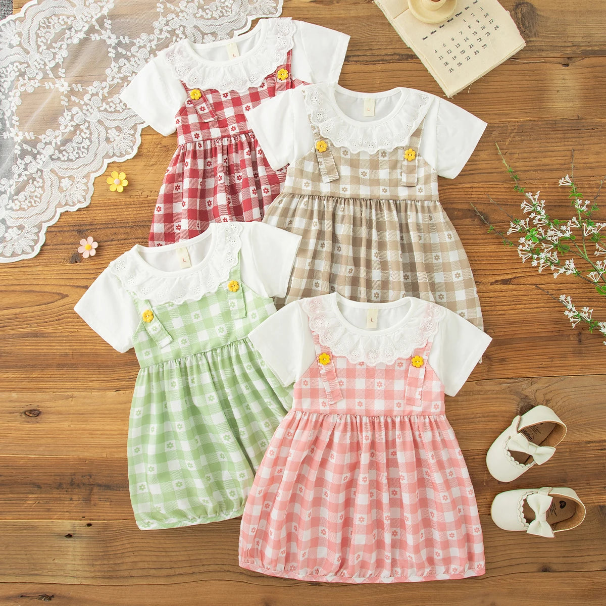 Summer New Sweet Fake Two Piece Baby Girl Dress, Cute Checkered Small Floral Children'S Clothing (3-18 Months)