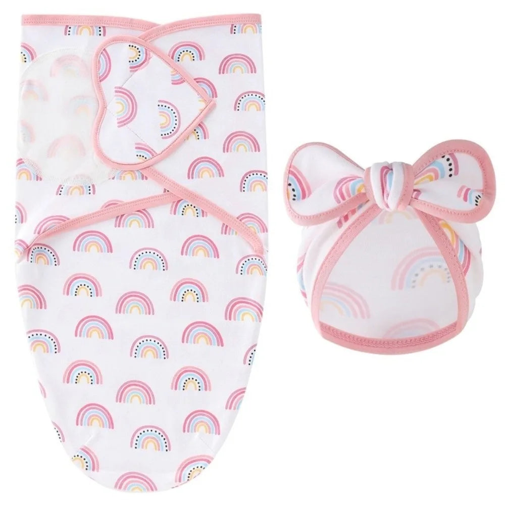 Bowknot Infant Swaddle Blanket Hat Set for Newborn Photography, Soft Cotton, Flower Pattern