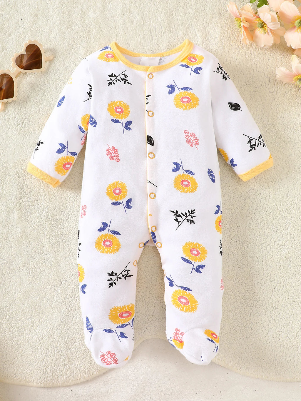 8-Piece Newborn Baby Romper Set, Made of 100% Pure Cotton, Soft and Breathable. Features a Yellow Floral Pattern, Suitable for N