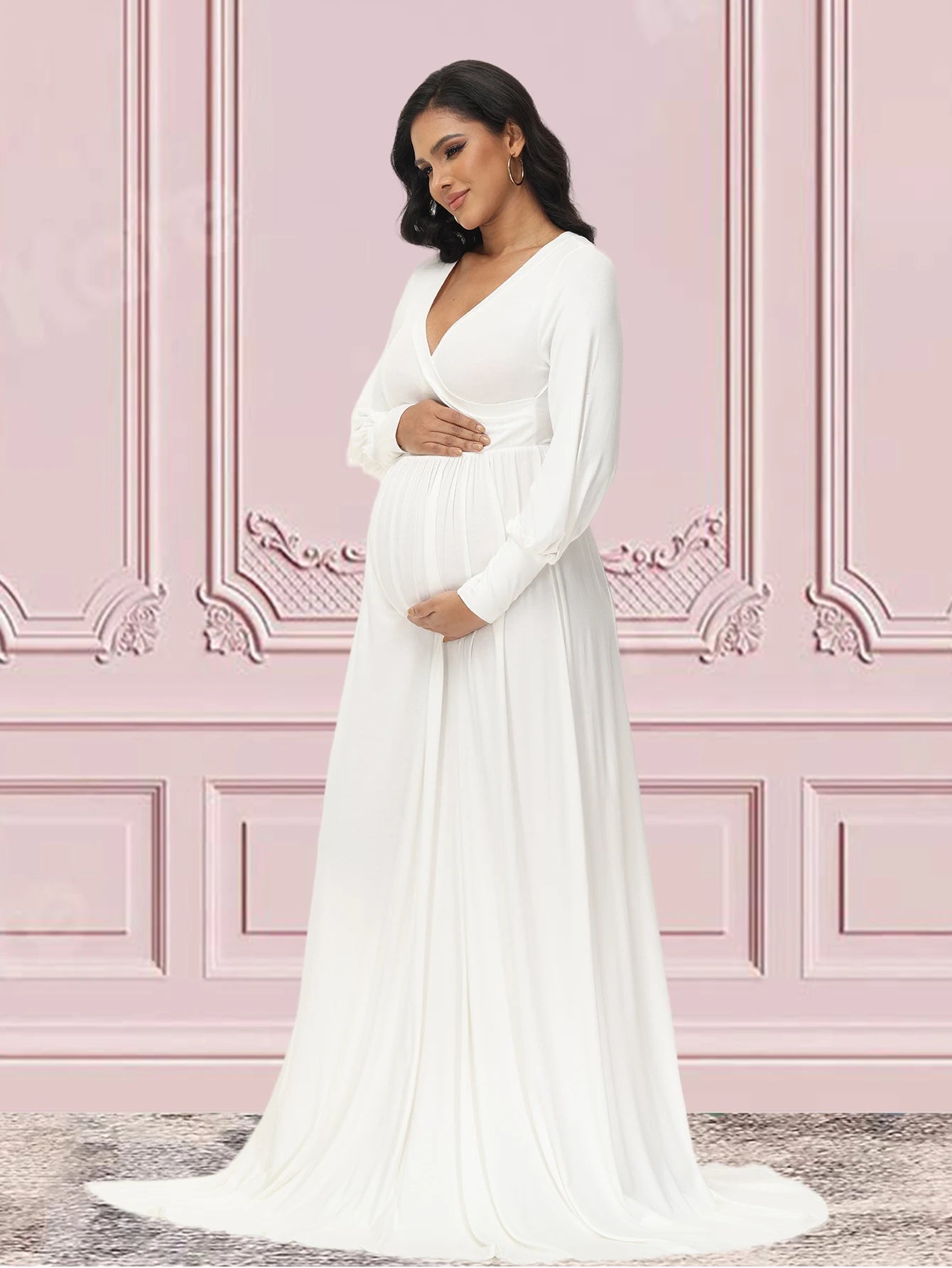 Maternity Photography Dresses Baby Shower Maxi Gown Lantern Sleeve V Neck Pregnancy Wrap Side Split Robe