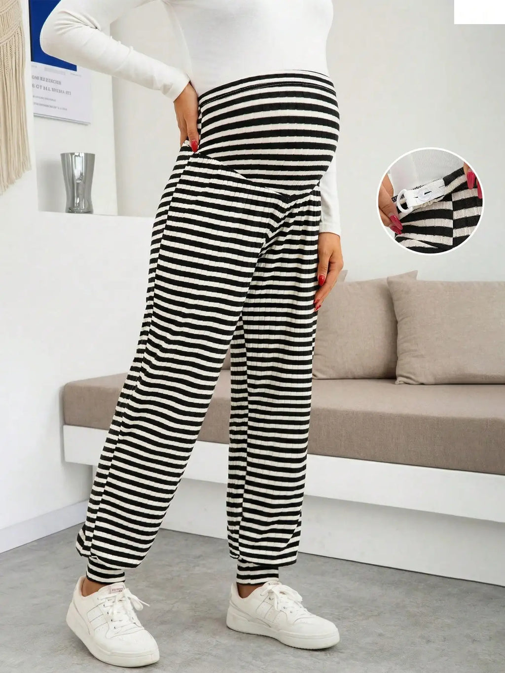 Maternity Women's Dress Leggings for Work and Under Dresses Striped Adjustable Waist Casual Jogger Leggings