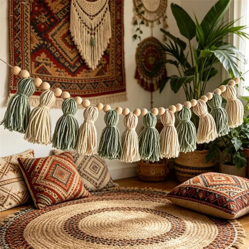 Ins Bohemian Green and White Wooden Bead Tassel Garland Sage Series Wooden Bead Tassel Banner Fireplace Decoration Home Wall Hanging Decoration Sage