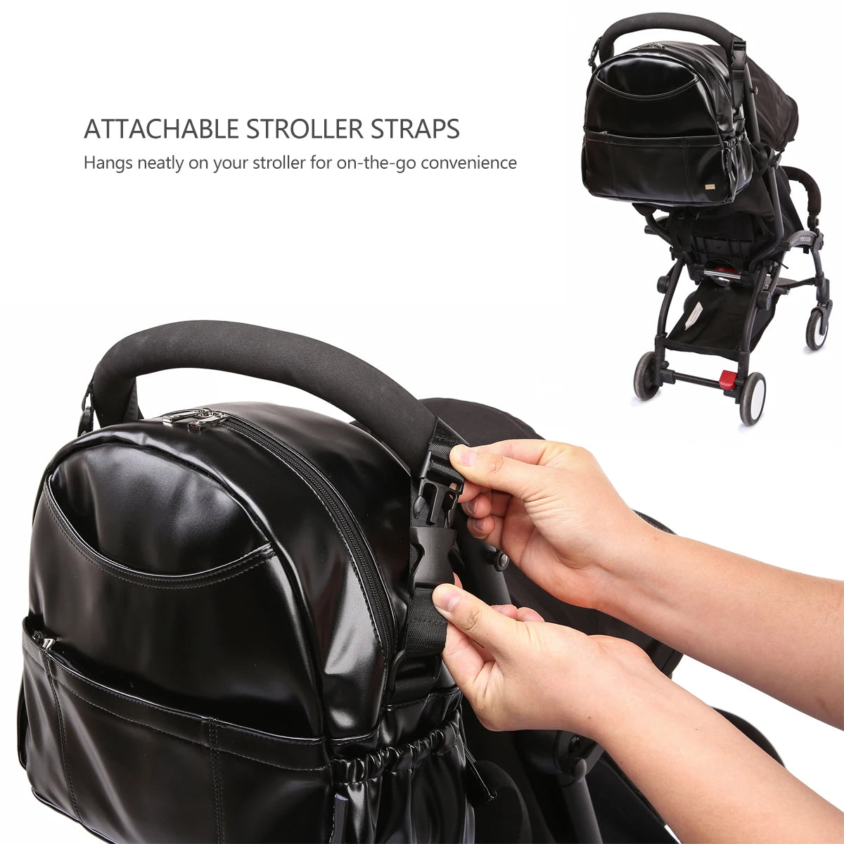New Fashion PU Black Diaper Backpack for Baby Large Capacity Waterproof Pockets Diaper Bag for Mother Travel Stroller Bag