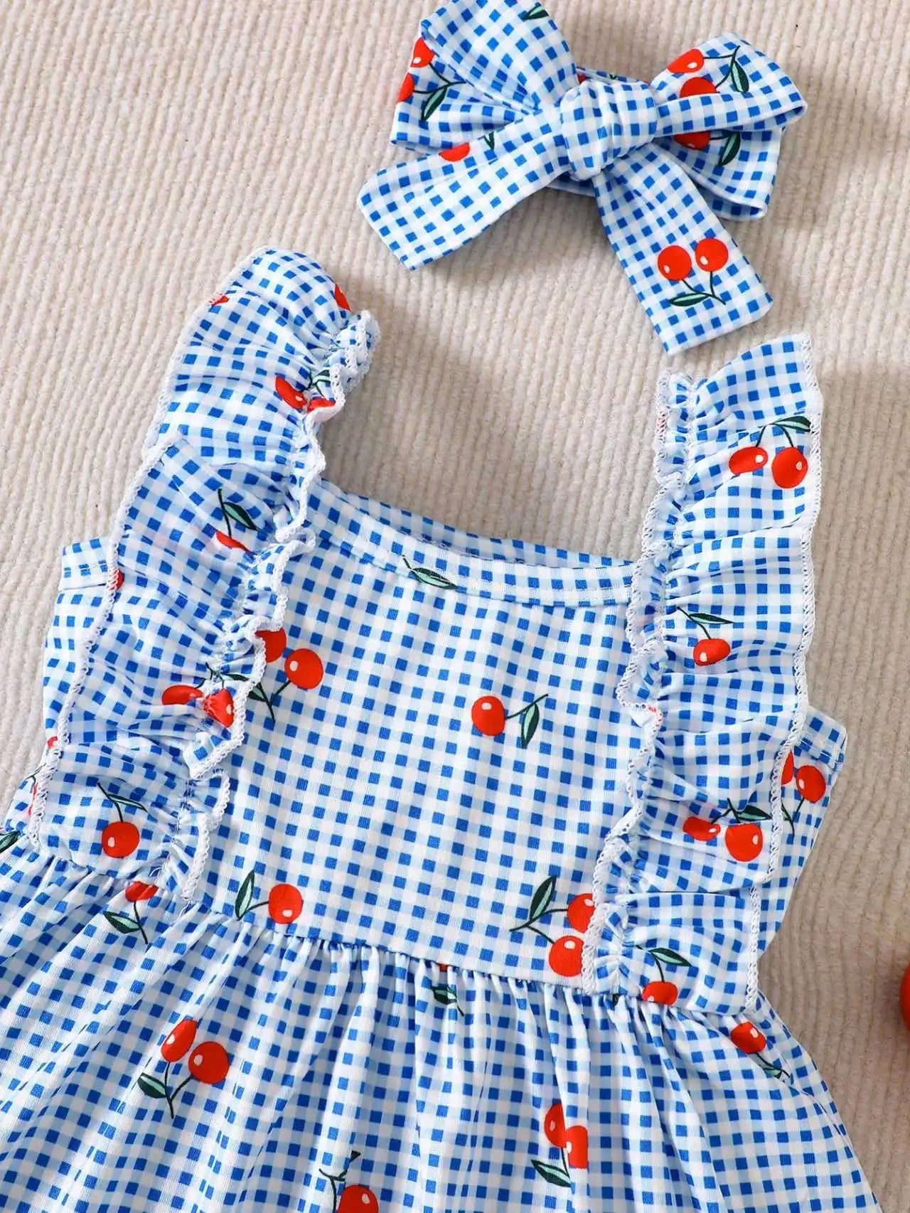 2-piece set of newborn baby girl pink cartoon strawberry plaid printed dress, cute, sweet, fresh bow headband, 0-3 months old, s