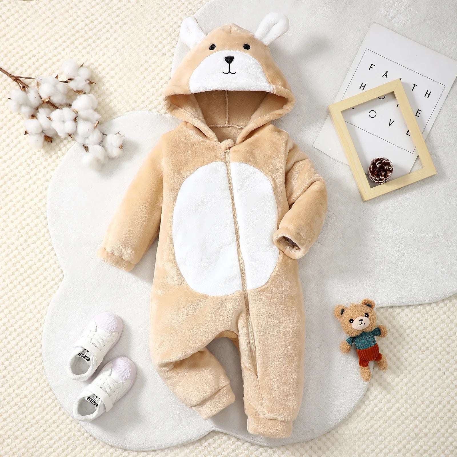 Newborn Baby boy Plush Hooded Cute Little Bear Zipper Long sleeves Bodysuit Suitable for 0-18 Months Baby Winter Crawling Suit