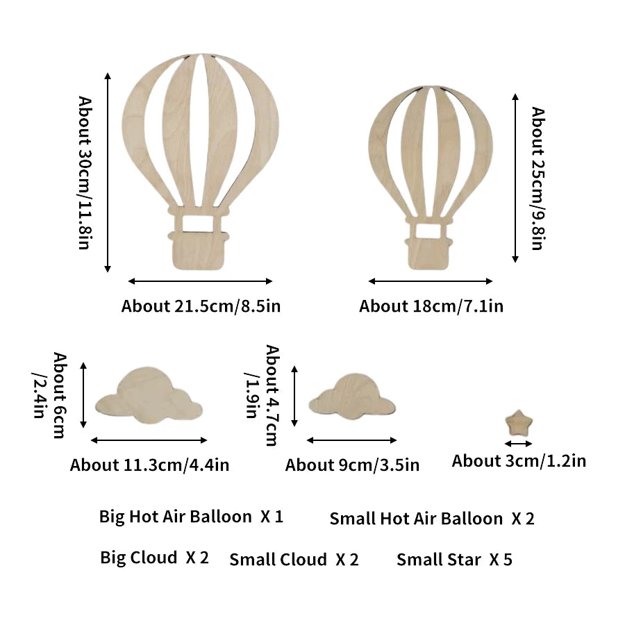 13Pcs/Set Natural Wood Style Wooden Shaped Clouds, Stars, and Hot Air Balloons for Home Decoration, Bedroom Room Decoration, Wooden Wall Art Background, Home Decor, Living Room Wooden Hot Air Balloon Wall Stickers, Perfect fo