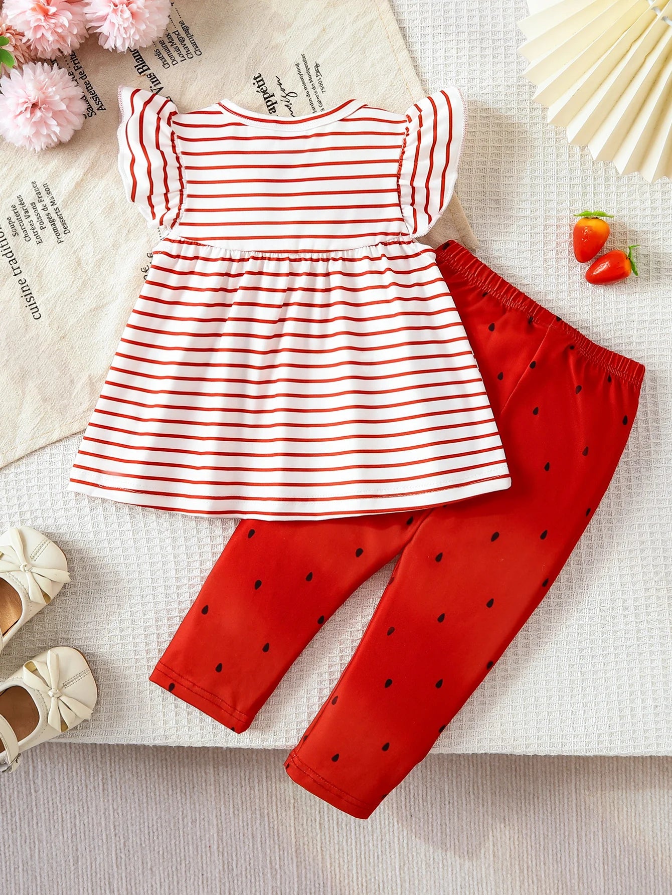 2pcs Summer Baby Girls Strawberry Print Striped Set, Cute Ruffle Sleeve Peplum Top + Watermelon Seed Leggings, Daily Wear/Birthd