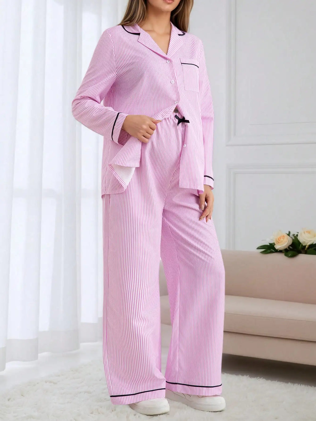 Women's Lounge Pajamas Pink Striped Long Sleeve Button Down Top and Drawstring Pants Two Piece Set for Cozy Home Lounging