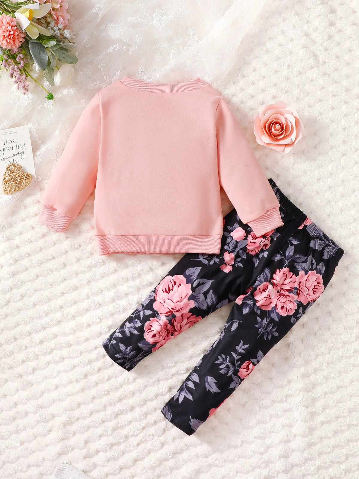 Baby Girl's Pink Pullover Top And Slim Fit Floral Pants Set Casual Spring Autumn Fashion Two-Piece Outfit with Letter Print