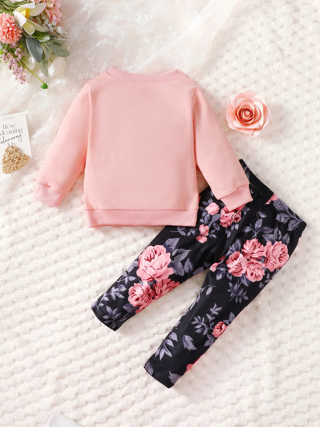 Baby Girl's Pink Pullover Top And Slim Fit Floral Pants Set Casual Spring Autumn Fashion Two-Piece Outfit with Letter Print
