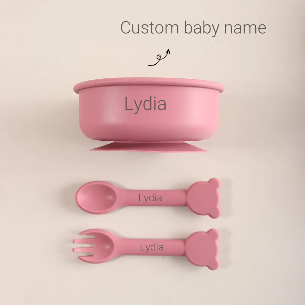 Personalized Baby Silicone Bowl with Name – 300ml Bear Suction Bowl with Spoon & Fork