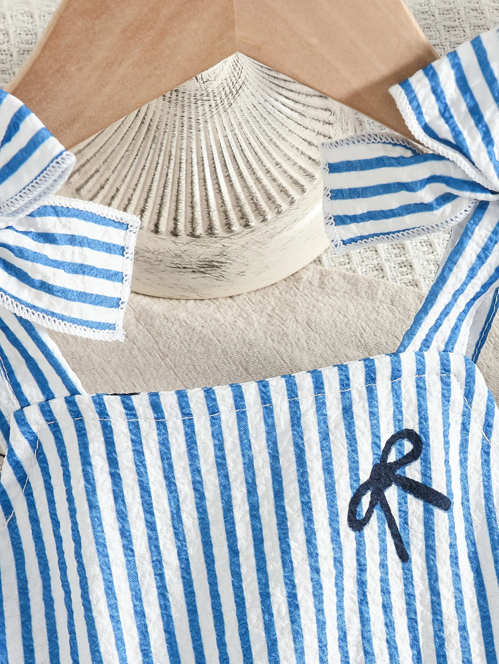 Baby Girl Summer 2PCS Set Blue White Striped Sling Bodysuit Shorts 3D Bow Cute Soft Outfit