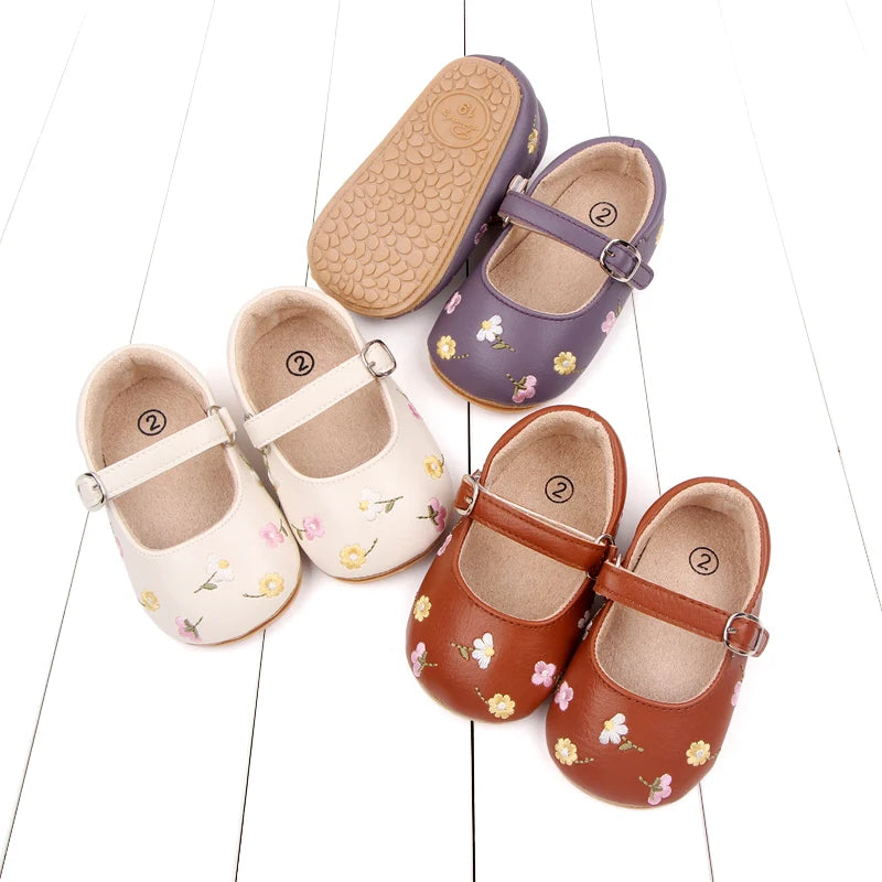 Baby Girl Princess Shoes High Quality Soft PU Embroidery Flower TPR Sole Anti-slip for Toddler Girl 0-18 Months New Fashion
