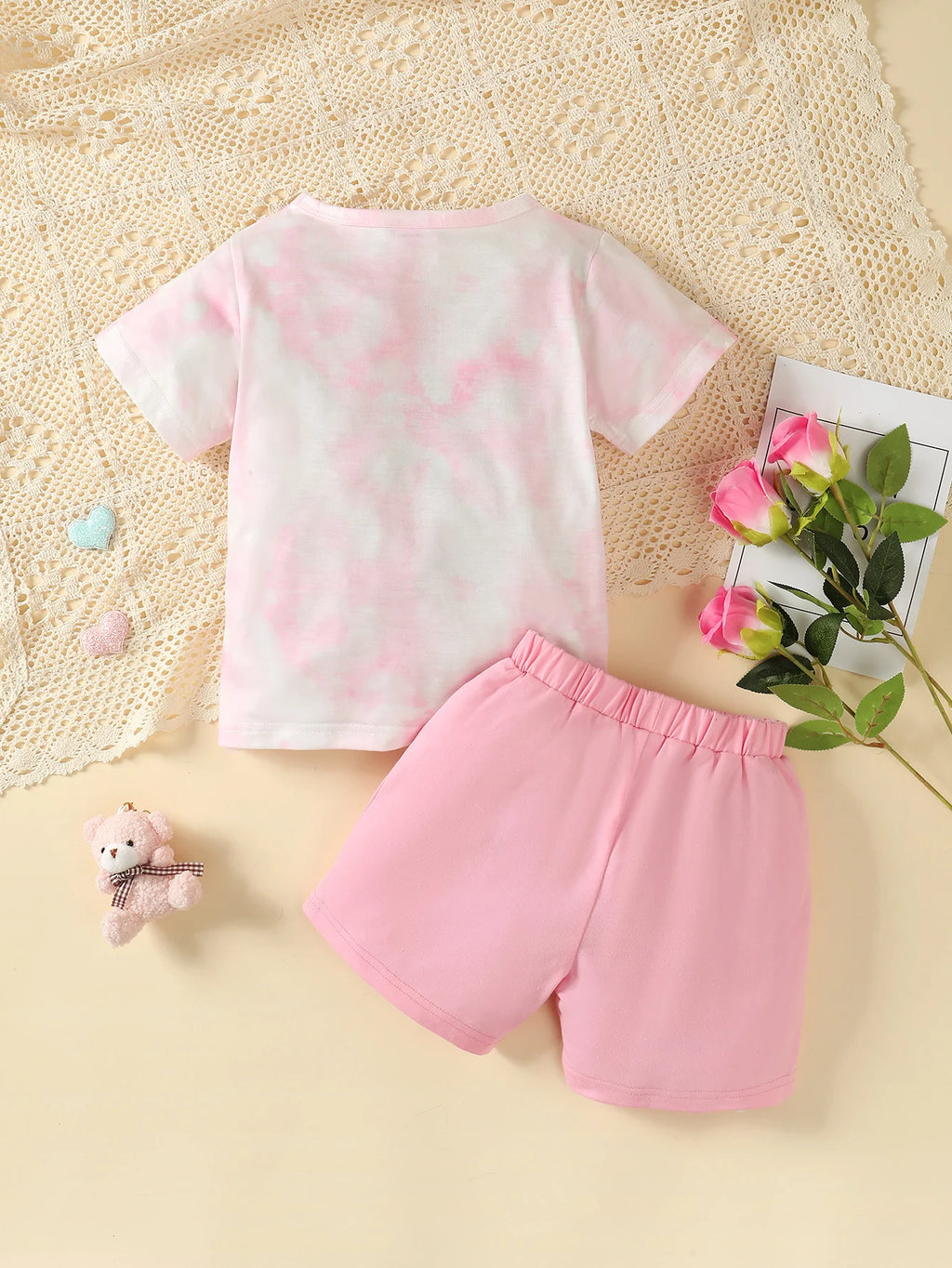2Pcs Girls' Summer Set tie dye Teddy Bear Short sleeved+Stretch shorts Set for 4-7 Year Girls' Casual Set Children's clothing