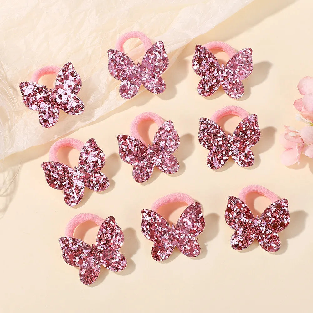 20Pcs/lot Sequin Butterfly Hairbands for Children No Harm To Hair Cartoon Towel Rope Girls Ponytail Holder Rubber Band Headwear