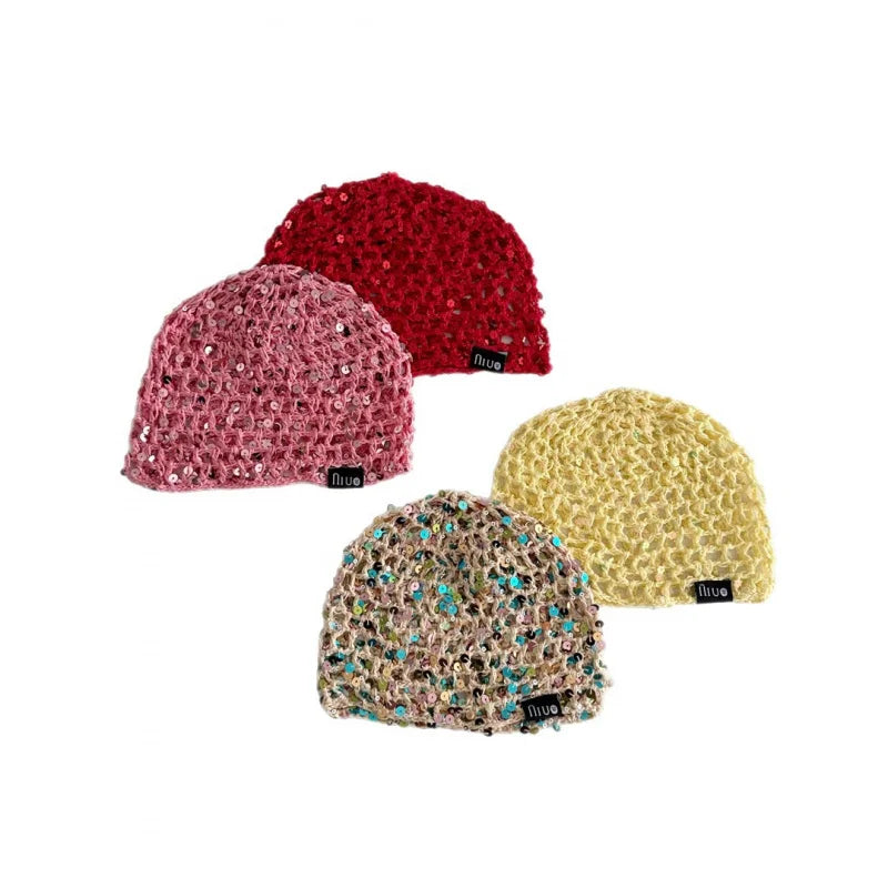 Early Autumn New Ethnic Style Sequin Hollow Knitted Pullover Hat for Girls Fashionable Stylish Fishnet Headwrap Hat
