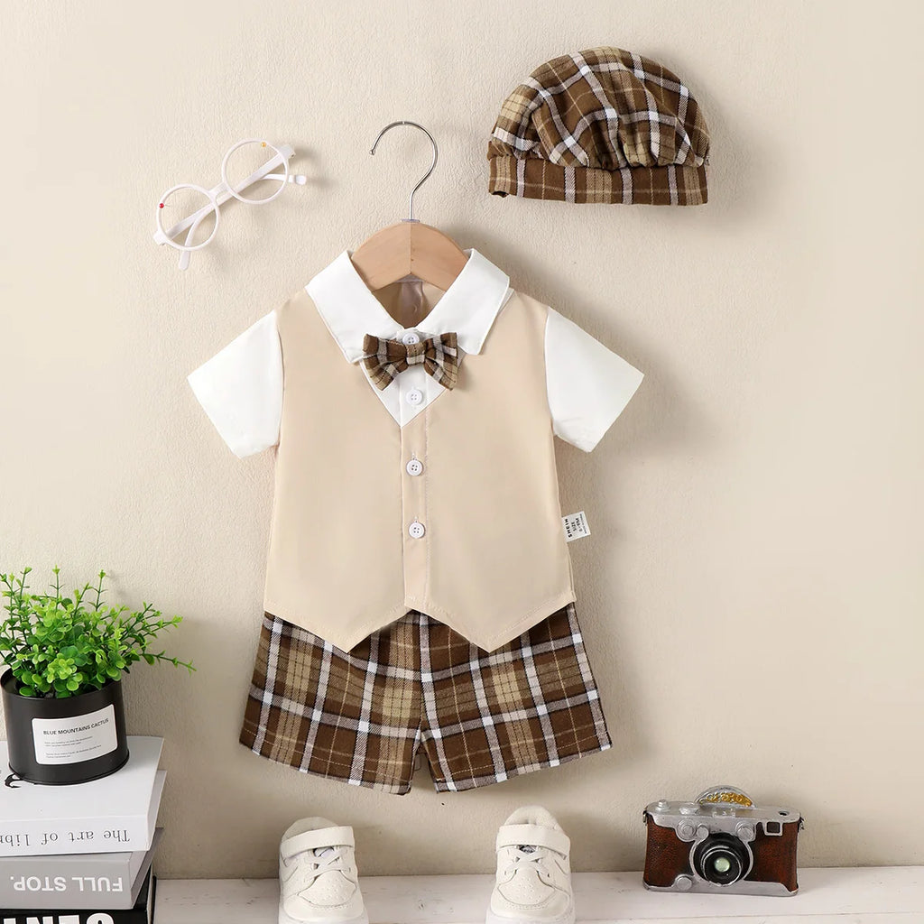 3Pcs Male baby gentleman style set patchwork short sleeved top, checkered shorts, and hat set for 9-24 Months Summer boys Set