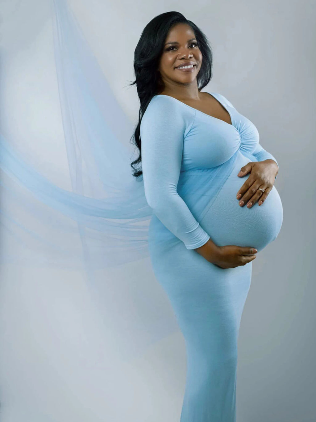 Maternity Long Sleeves Floor Length Mesh Dress Pregnant Dress With Long Train For Shooting Baby Baptism Party