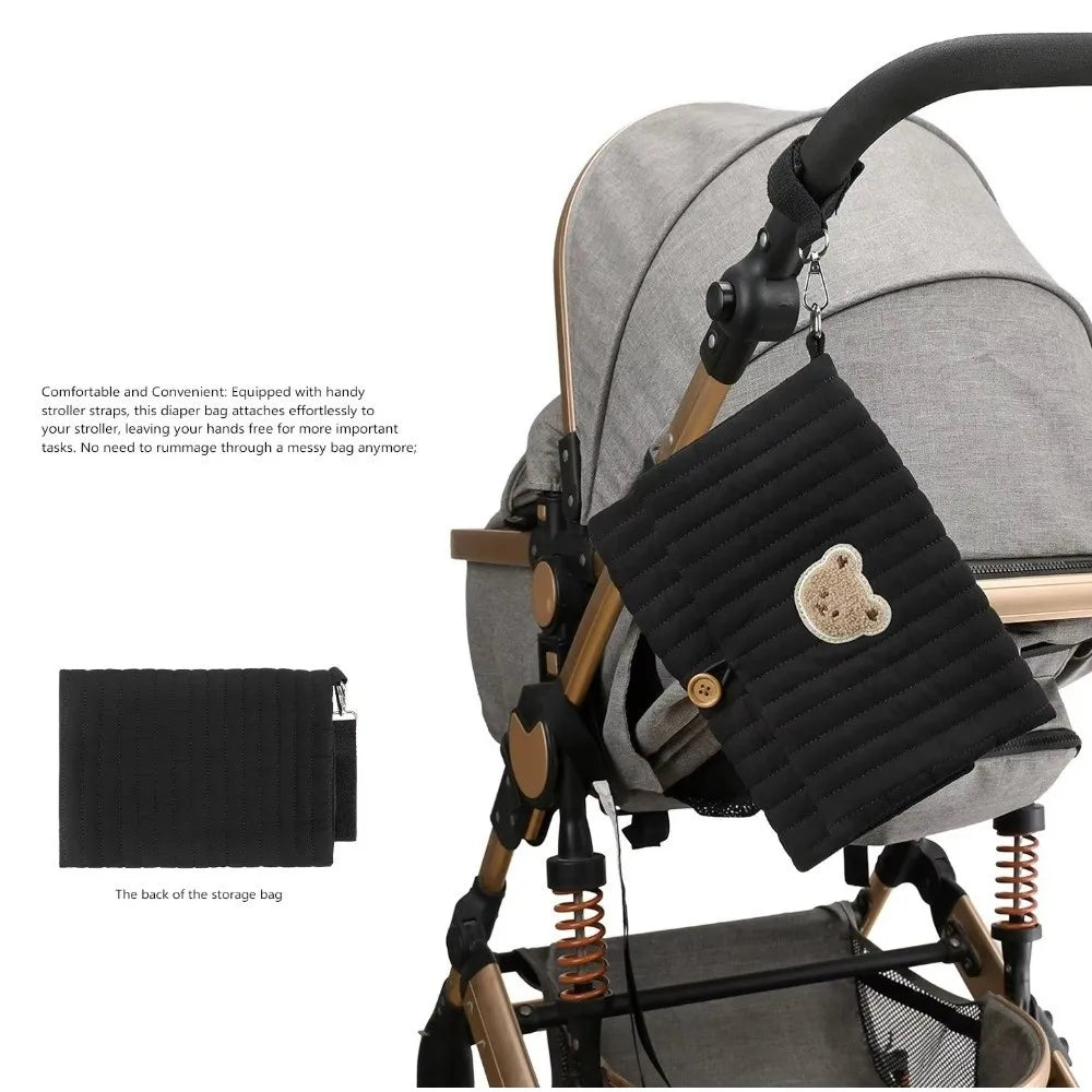 Cute Baby Hanging Diaper Bag Multi-Compartment Cotton Foldable Storage Pouch with Wipe Holder Detachable Strap