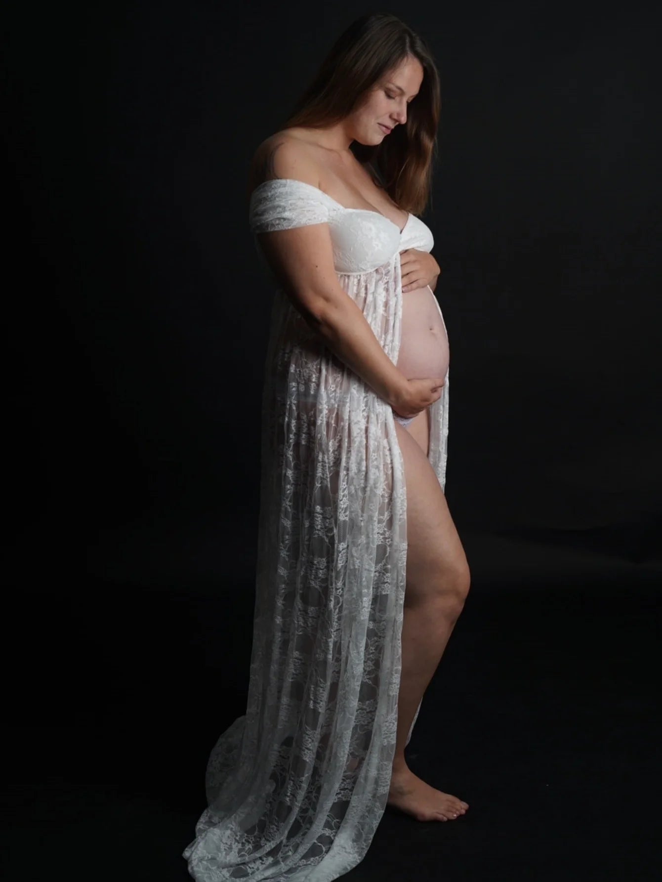 Maternity Summer Lace Sexy Long Dress Off-Shoulder High Waist Slit For PhotoShoot Baby Shower Pregnancy Women Bohemian Gown