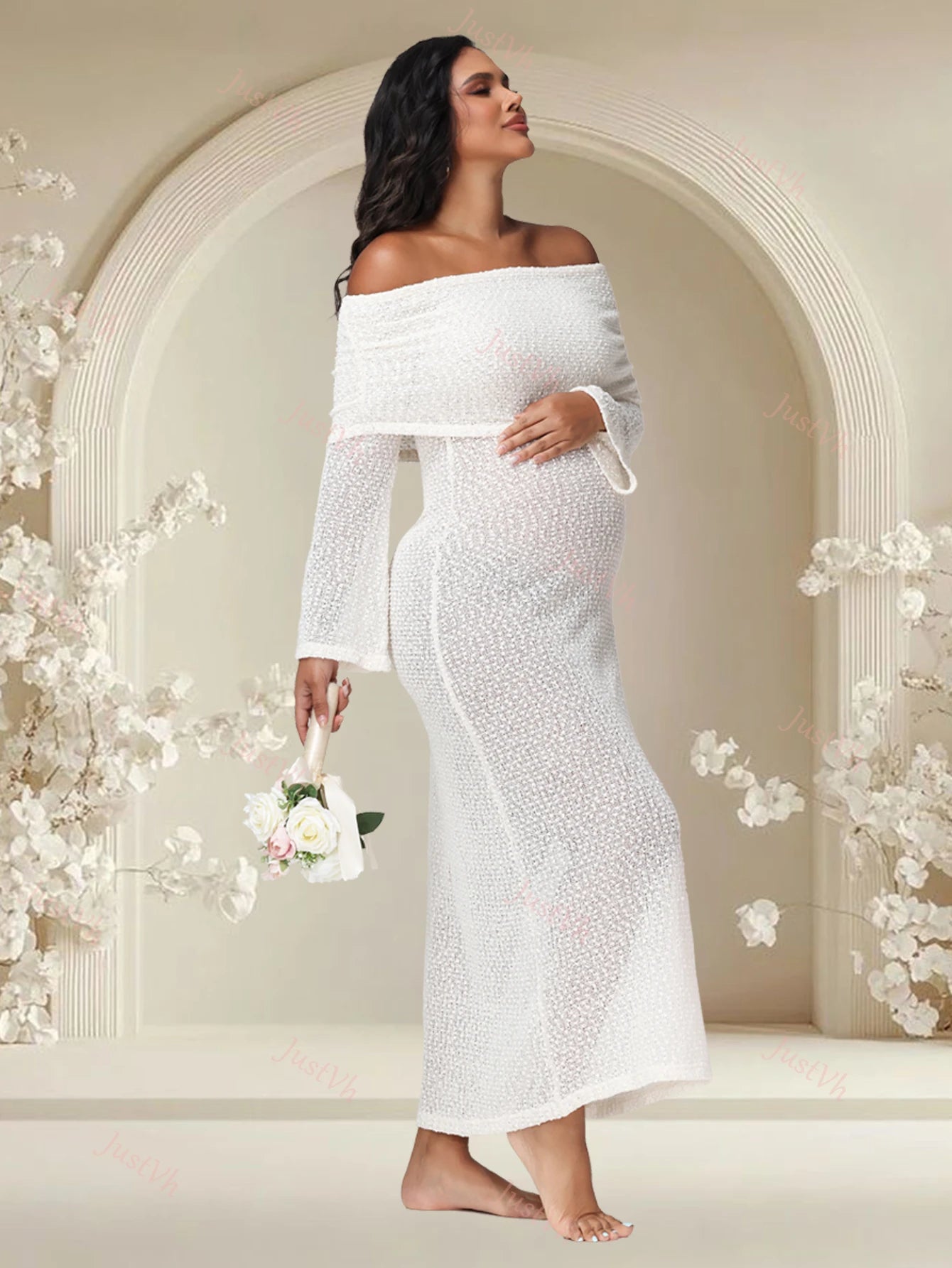 Maternity Off Shoulder Long Sleeves Semi-Sheer Knit Solid Dress for Baby Shower Party Photoshoot