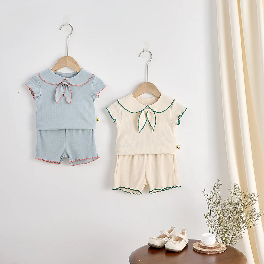 Summer Baby Girls 2-Piece Doll Neck Bow Short Sleeve Top + Shorts Casual Suit