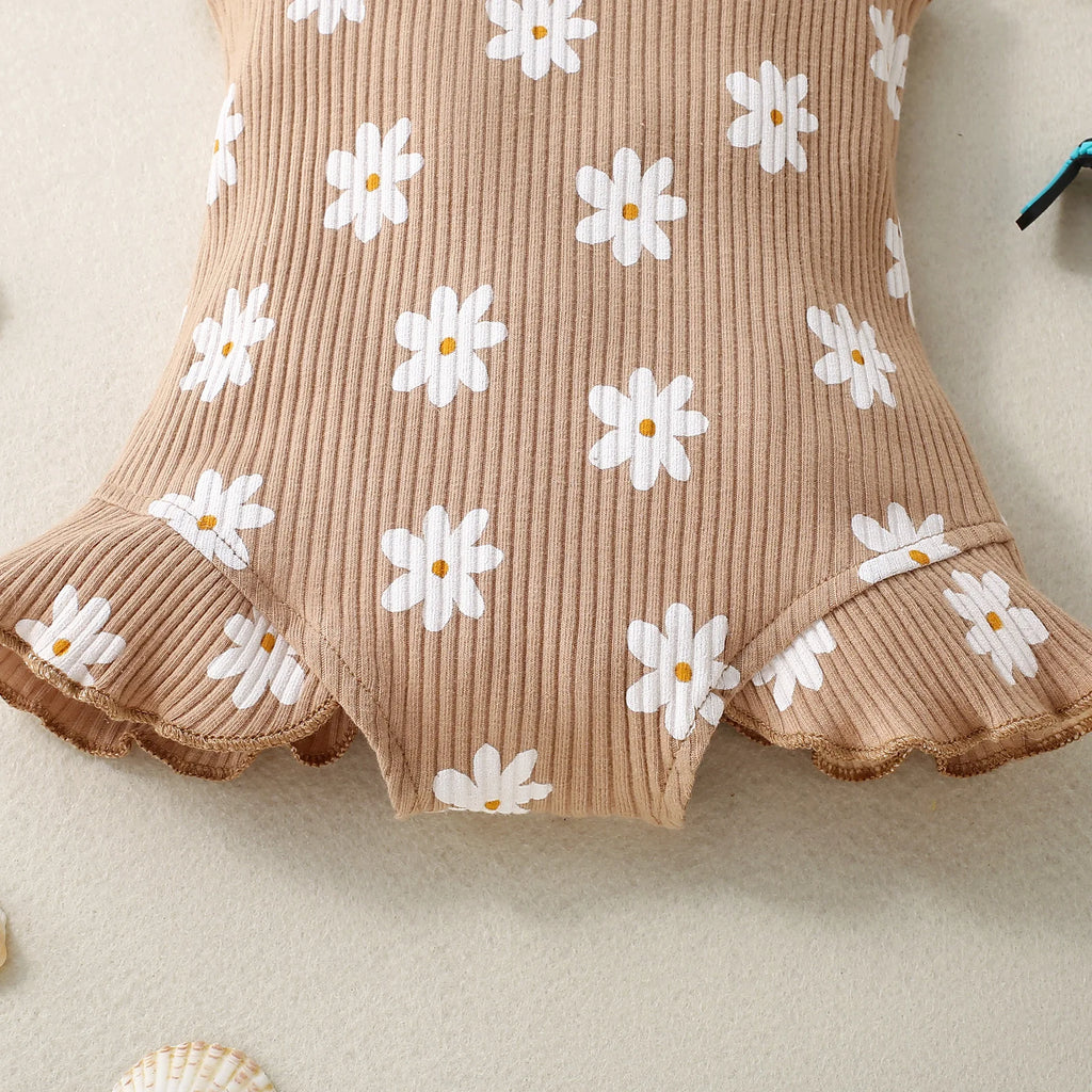 2PCS Summer Girl Crawling clothes Short Sleeve Cotton Short Sleeve  Round Necked Striped Clothes with Flower Printing Headband