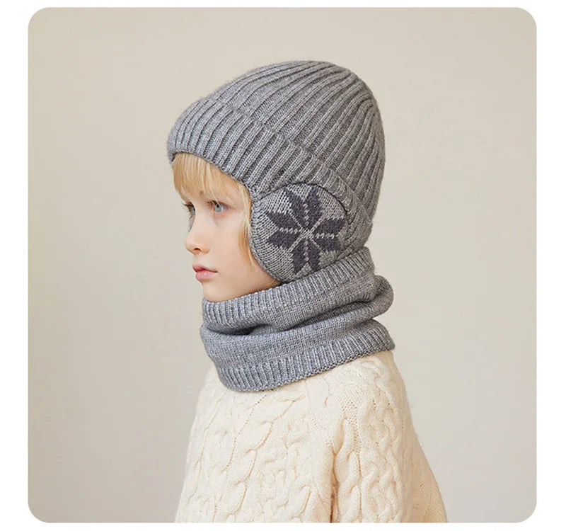 2Pcs Knitted Children Winter Hat Scarf Fleece Lining Ears Protection Kids Beanie Hats Neck Warmer Warm Child Boy Cap 4-10Y