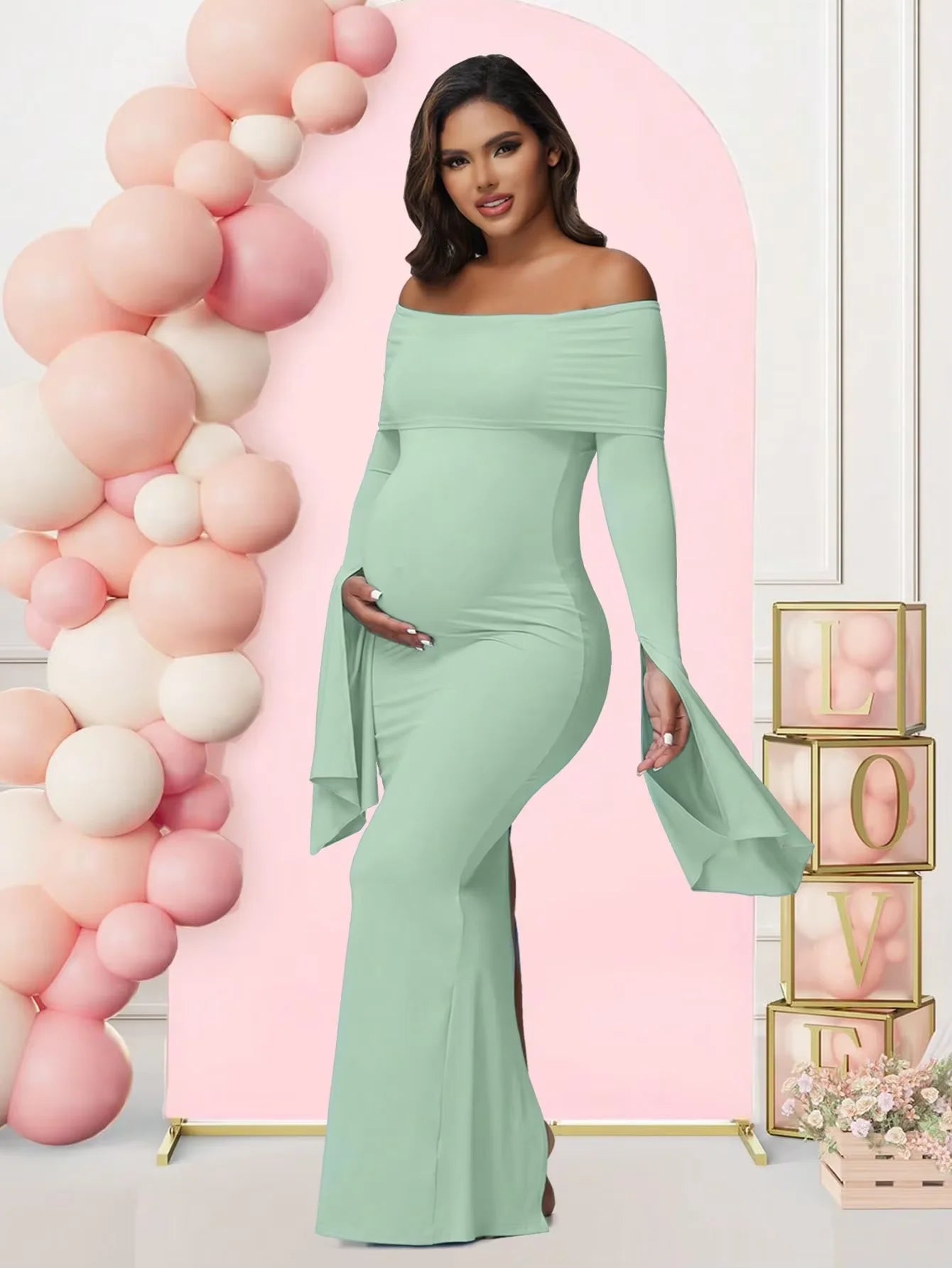 Maternity Off Shoulder Maxi Dress For Photoshoot Long Sleeve Bodycon Gown For Pregnancy And Baby Shower