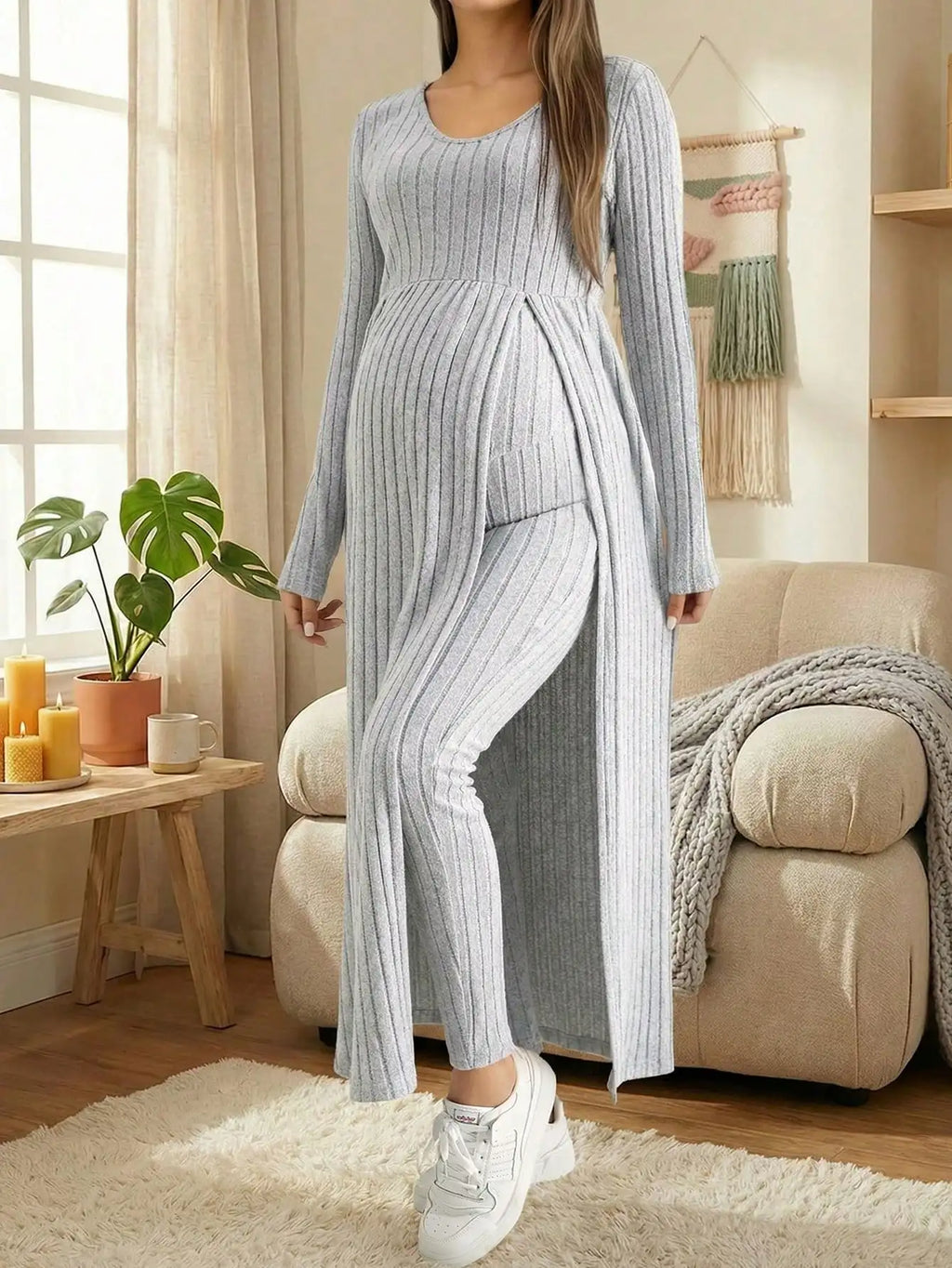 Maternity Women's Two Piece Sets and Outfits Long Sleeve Soft Ribbed Longline Casual Home Lounge Pants Set