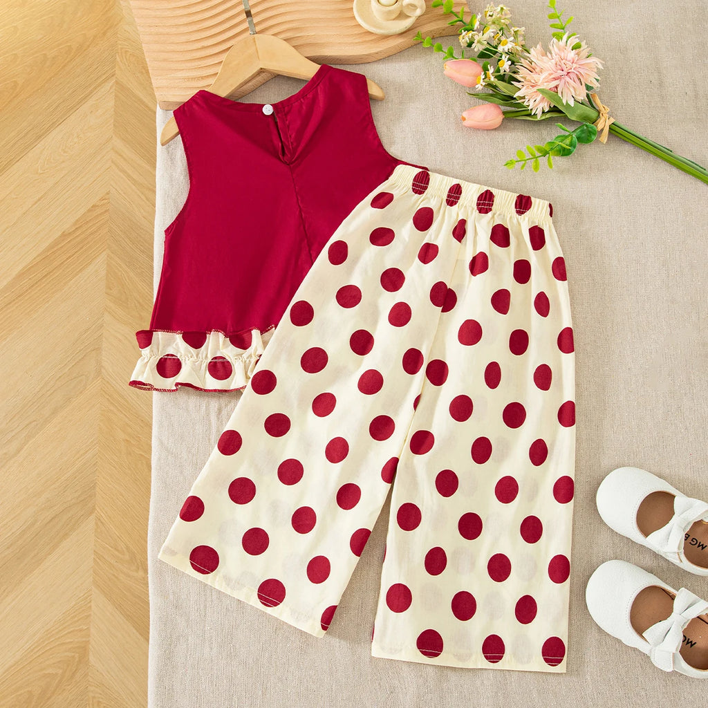 Children's Top and Bottom Clothes Set Summer Cute Cartoon Red Shirt with Comfortable Breathable Polka Dot Baby Girl Pants Outfit