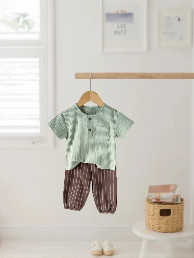0-3 Year old Baby boy Summer Outfit Comfortable Solid Color Button Top+Striped Pants 2-piece Set Baby boy Summer Casual Suit
