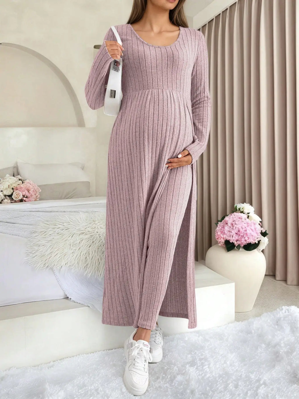 Maternity Women's Two Piece Sets and Outfits Long Sleeve Soft Ribbed Longline Casual Home Lounge Pants Set